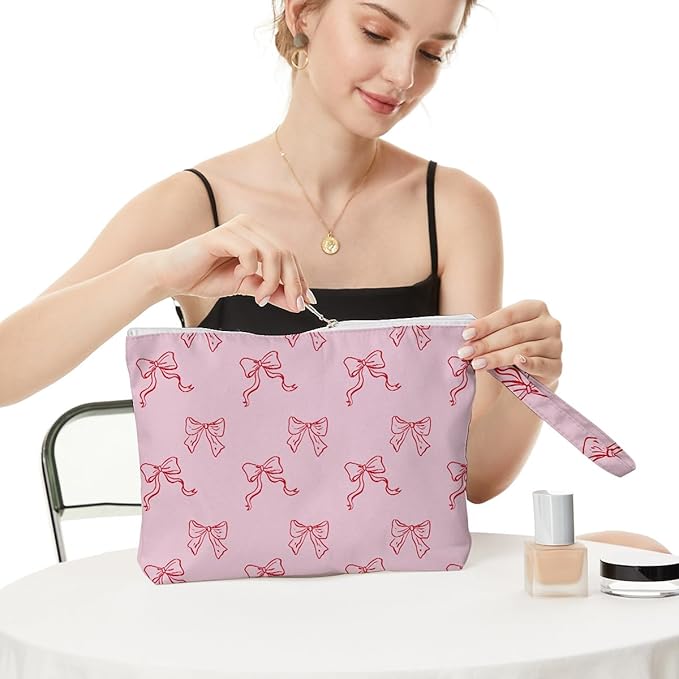 Fokongna Floral Print Wet Bag, Small Portable Waterproof Multi-Functional Organizer for Women, Pink with Red Bows,Ideal for Daily, Beach & Travel,