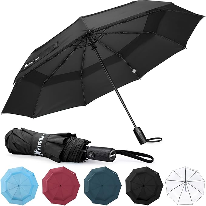 PTEROMY Windproof Travel Umbrellas for Rain and Sun, Withstands 85MPH Winds Auto Open Close Folding Umbrella with Ergonomic Handle, Quick Dry Canopy for Commuting or Backpack