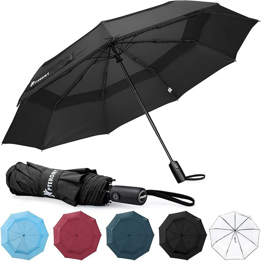 PTEROMY Windproof Travel Umbrellas for Rain and Sun, Withstands 85MPH Winds Auto Open Close Folding Umbrella with Ergonomic Handle, Quick Dry Canopy for Commuting or Backpack