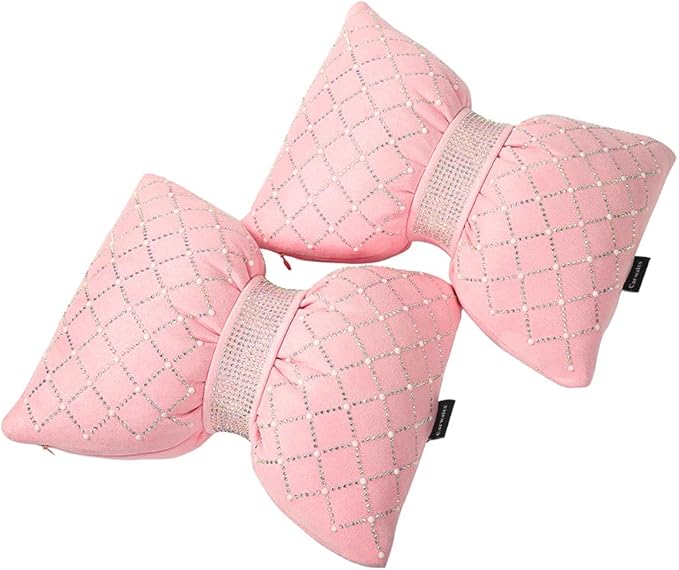 Carwales Car Headrest Pillow Pink Sparkly Bling Rhinestone Accessories for Women Bow Seat Neck Support Pillow for Travel Driver Chair Head Rest 2pcs