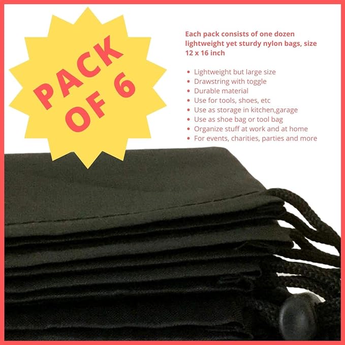 PALTERWEAR Drawstring Pouch with Toggle (12 x 16 Inch, 6 Pack, Black) Nylon Cinch Bag for Travel, Shoes, Gym and Storage