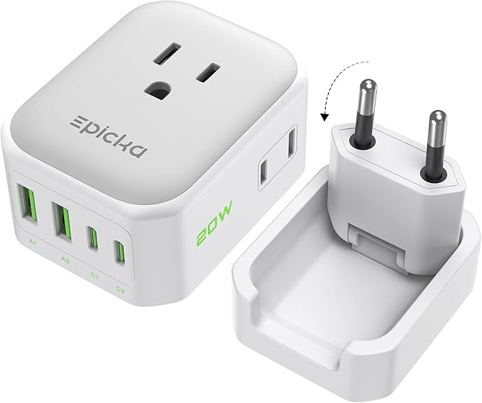 EPICKA Hybrid European Travel Plug Adapter, Foldable Detachable Type C EU VisaPlug, 8-in-1 International Power Adapter with 4 USB Ports (2 USB-C PD 20W),US to Europe, White