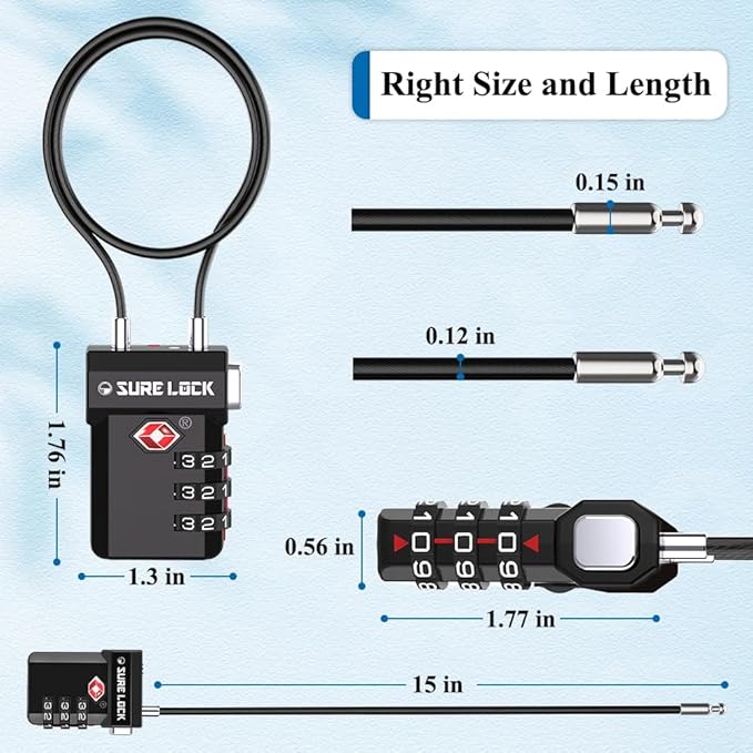 SURE LOCK TSA Approved Luggage Locks with Open Alert Indicator, 3 Digit Combination Cable Travel Lock for Suitcase, Backpack, Gym Locker, Toolbox, Carry On & Travel Bag