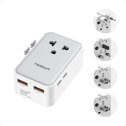 TESSAN Universal Travel Adapter PD 25W, Ultra Thin International Power adapter Fast Charger, Worldwide Plug Adaptor with 2 USB A 2 USB C for US to European UK Australia Ireland (Type C G A I)