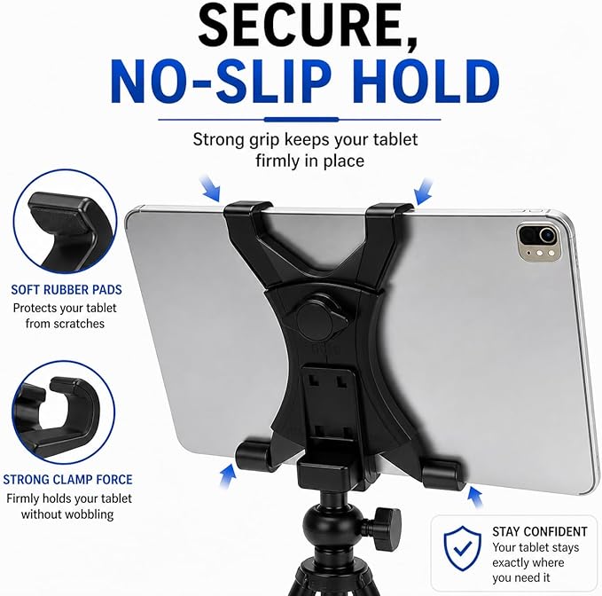 Acuvar Universal Tablet Tripod Mount Holder, Adjustable Stand Adapter for iPad, Samsung Galaxy Tab & Surface, Fits 8–11 Inch Tablets (Vertical & Horizontal), Compatible with Tripods & Monopods