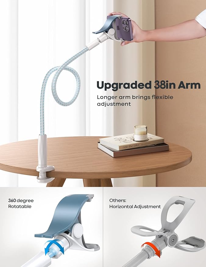 Lamicall Gooseneck Phone Holder Bed - [Nylon Braided] Flexible Arm, Overall Length 38inch, 360 Adjustable Clamp Clip, Overhead Cell Phone Mount Stand for Bed, Desk, White & Blue
