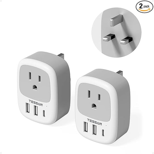 2 Pack UK Adapters for Travel, TESSAN Ireland Plug Adapter with 3 USB Ports (1 USB C), Type G Power Outlet for US to UK Scotland England Dubai Hong Kong London British Kenya Irish Qatar