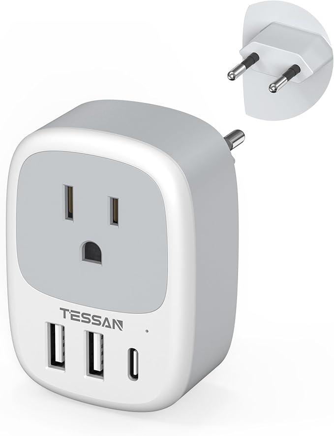 TESSAN European Travel Plug Adapter, Europe Power Adaptor 3 USB Ports (1 USB C), International Type C Outlet Charger to Most of EU Iceland Spain Italy France Germany (Not Voltage Converter)