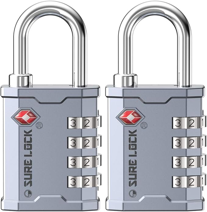 SURE LOCK TSA Accepted 4 Dig Heavy Duty Big Combination Luggage Padlock All Metal Travel Lock for Equipment Hard Case Luggage Gun Case Gym Locker Pelican Vault Lock(2, Silver)