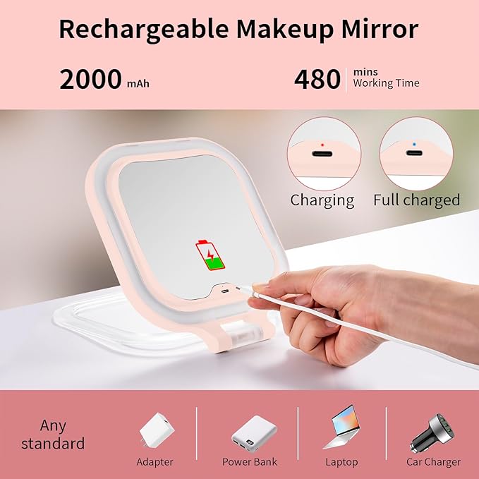 DESCHEN Rechargeable Travel Makeup Vanity Mirror with Lights and Magnification, 7" Portable 1X/10X Magnifying Mirror with 3 Color Light, Lighted Makeup Mirror with Magnification, Folding LED - Pink