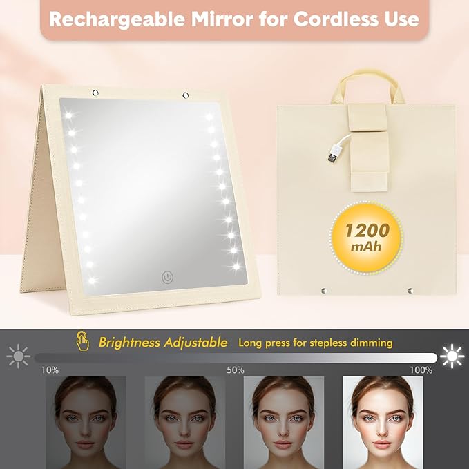 Fabuday Lighted Hanging Mirror for Dance Backstage - Rechargeable Folding LED Full Length Mirror with Lights for Dancers, Portable Foldable Travel Body Mirrors, Brightness Adjustable, Beige