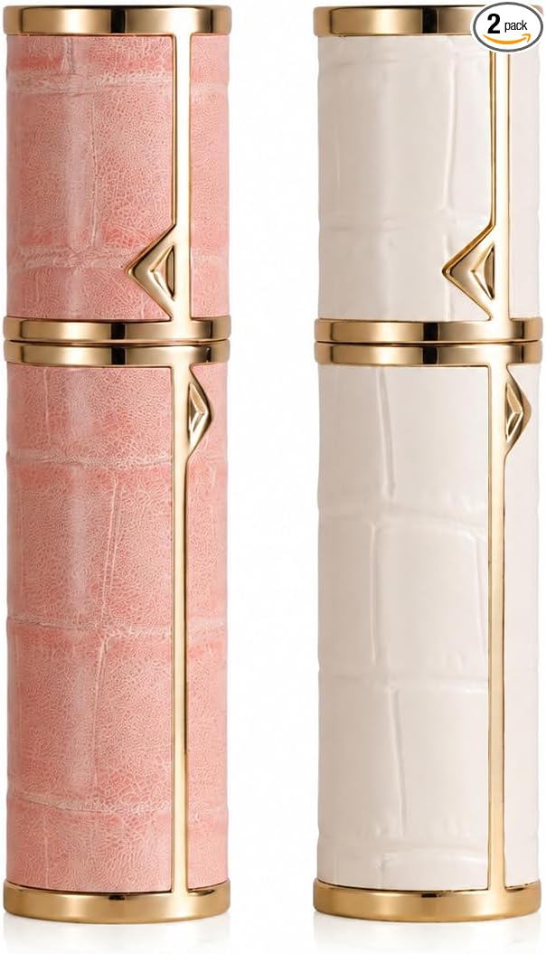 Atomizer Perfume Spray Bottle Refillable - 5ml Glass Inner Bottle with Premium Leather Case, Portable Travel Sprayer for Fragrance Lovers (Crocodile-White-Pink)