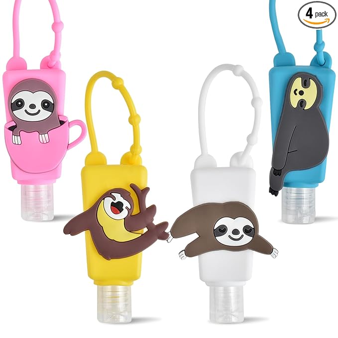 Refillable Travel Bottles Containers, 4 Pack Hand Sanitizer Travel Size Holder with Empty Silicone Bottles Case Keychain Carrier, Leak Proof Portable Bottle for Liquid Soap, Lotion (Sloth)
