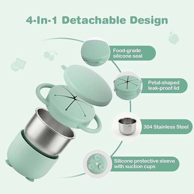 Daximo 2 Pack Toddler Snack Cups with Suction Base — 4-in-1 Detachable Stainless Steel Cups, Snack Cups for Toddlers Spill Proof with Silicone Lids & Handles for Mess-Free Snacking