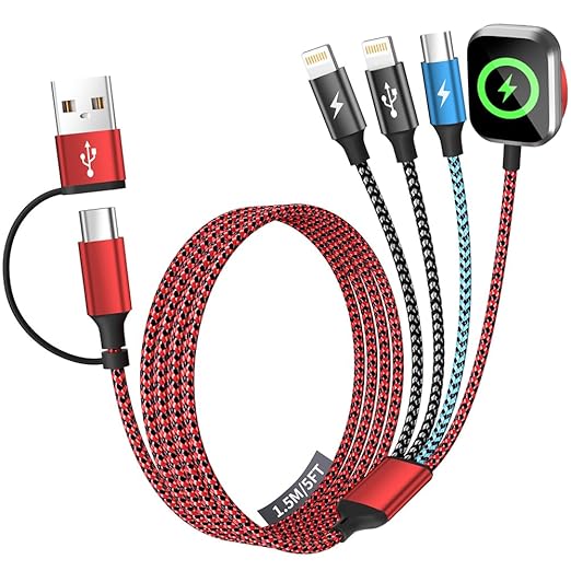 Travel Essentials 4in2 Multi Charging Cable for iPhone Watch Charger,USB A/C to Dual IP/Type C/iWatch Charger,Travel Chargers for Multiple Device Compatible with iWatch Series&iPhone 17-12/Android 5FT