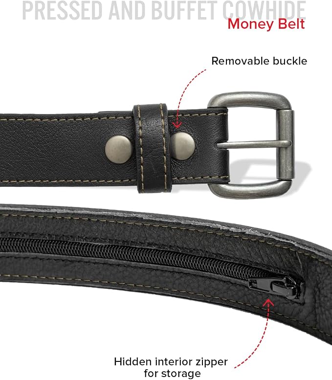 First Mfg Co - Mens Premium Leather Belt With Removable Buckle And Hidden Zipper Money Belt Daily Wear For Pants Perfect Fit