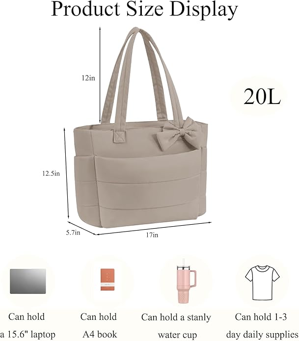 Puffer Tote Bag for Women, Quilted Bow Tote Bag with Cup Holder & 15.6 In Laptop Compartment for Work, Travel, Gym, College