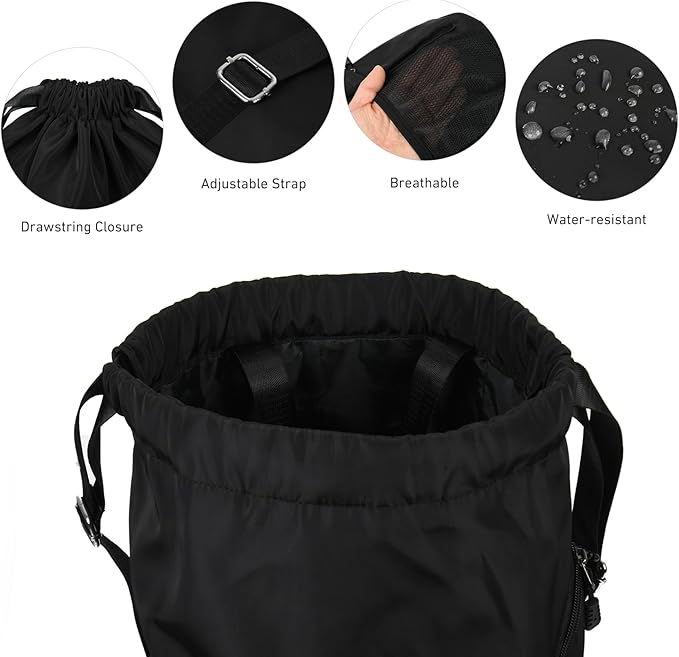 Valleycomfy Waterproof Drawstring Gym Backpack Bag for Men & Women,Sports Gym Bag with Side Pocket Black