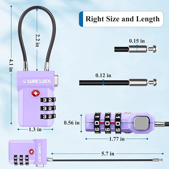 SURE LOCK TSA Approved Luggage Locks with Open Alert Indicator, 3 Digit Combination Cable Travel Lock for Suitcase, Backpack, Gym Locker, Toolbox, Carry On & Travel Bag