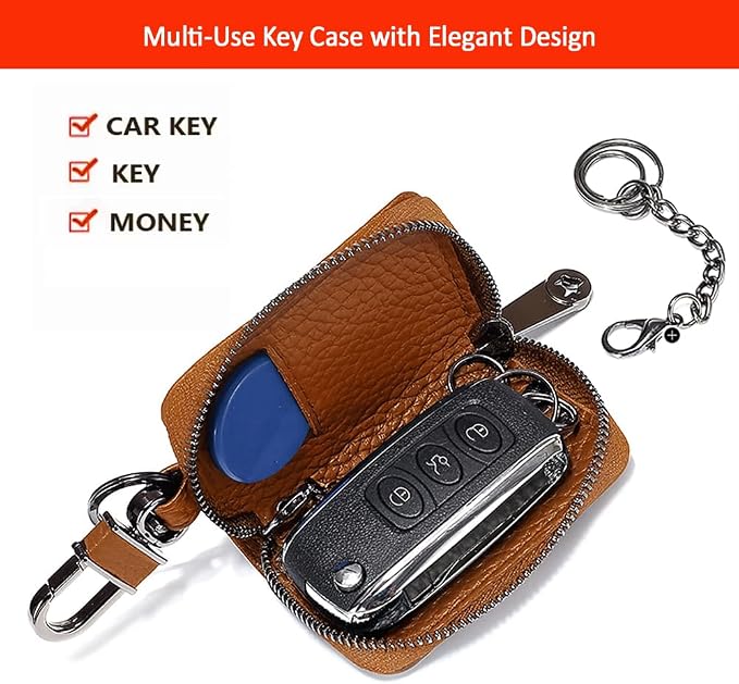 Leather Car Key Case with Zipper, Compact Smart Key Fob Holder with Keychain, Portable Car Key Organizer Pouch