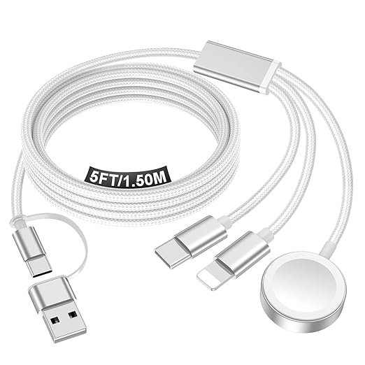 Travel Essentials for Apple Watch Charger,iPhone Charger,3 in 2 Type C/Lightning/Magnetic Travel Charging Cable,Portable Multi Charging Cable for Apple Watch, iPhone 17‑11,Samsung S26,Car,iPad-5FT