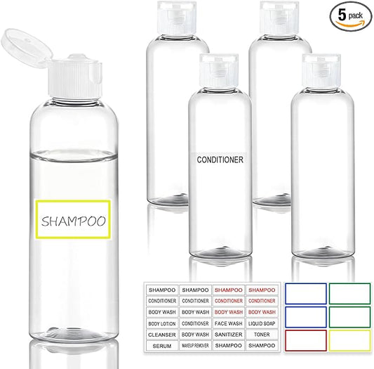 5 Pack 3.4 oz Travel Bottles for Toiletries, TSA Approved Leak Proof Refillable Travel Size Containers, Clear Plastic Shampoo Bottles for Lotion Conditioner