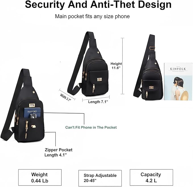 Sling Bag Small Compact Crossbody Bags for Women Anti-Theft Multiple Pockets Waterproof Fanny Pack for Travel Hiking Daily Black