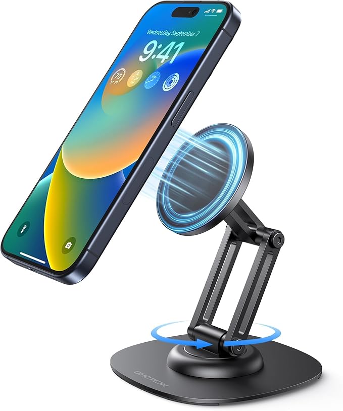 OMOTON 360° Rotating MS04 Magnetic Phone Stand for Desk, Adjustable Foldable Aluminum for MagSafe Cell Phone Stand with Non-Slip Base Fathers Day, for iPhone 17/16/15 Pro Max Air for Women Men Gift