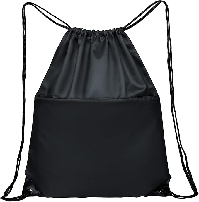Drawstring Backpack Sports Water Resistant String Bag Sport Gym Sackpack for Women Men Large with Zipper, Black