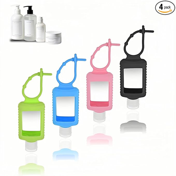 4-Pack Travel Refillable Leak Proof Squeeze Bottles with Silicone Sleeve & Keychain - 2oz/60ml Clear PETG Plastic Toiletry Containers for Hand Sanitizer, Lotion, Shampoo, Outdoor Essentials