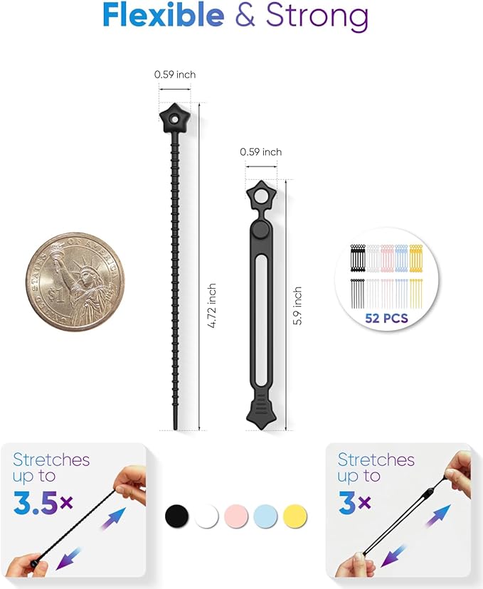 Quick Bind–52PCS Silicone Cable Ties Reusable, Cord Organizer for Charging Cables, Data Cables & Computer Wires, Multipurpose Elastic Cable Management Straps for Home,Office,Travel(White)