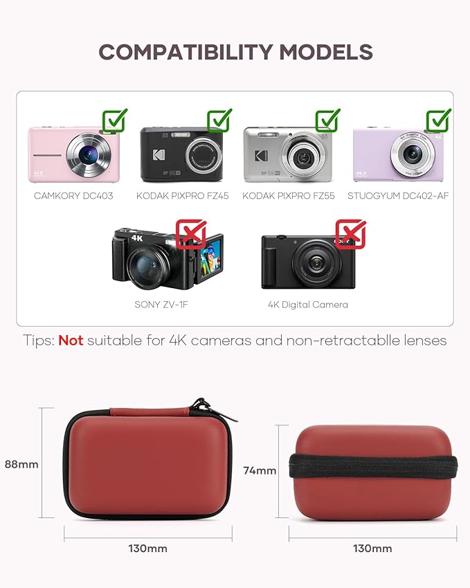 Digital Camera Case Compatible for KODAK PIXPRO FZ45-BK/FZ55, CAMKORY DC403, STUOGYUM DC402-AF, Travel Compact Camera Holder for Accessories, Red