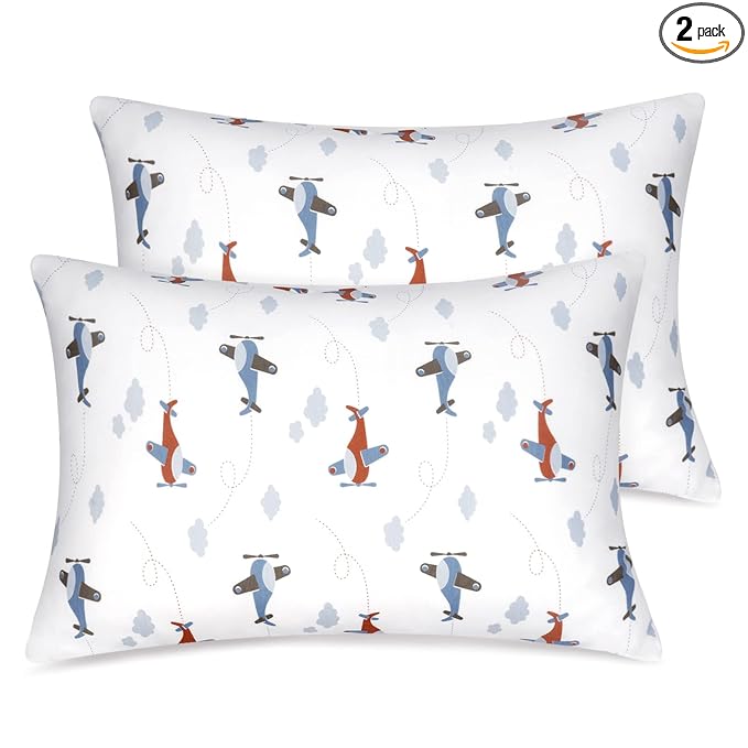 Zenssia Organic Cotton Toddler Pillowcases Pack of 2, 13x18 Inches Travel Pillowcase with Envelope Closure, Soft & Breathable Baby Pillow Case Cover, Airplane