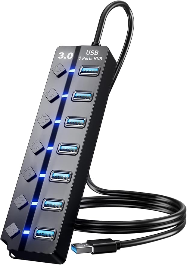 Eanetf USB 3.0 Hub, 7-Port with Individual On/Off Switches & LED Indicators, 5Gbps High-Speed Data Hub for Laptop, PC, MacBook, Surface Pro, PS5, HDD, Flash Drive (4ft Cable)