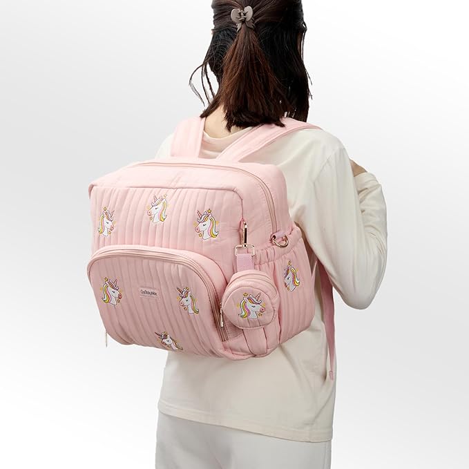 GOBABYMART Diaper Bag Backpack with Changing Pad - Travel Baby Bag, Insulated Bottle Pockets, Stroller Straps (Medium - Pink Unicorns)