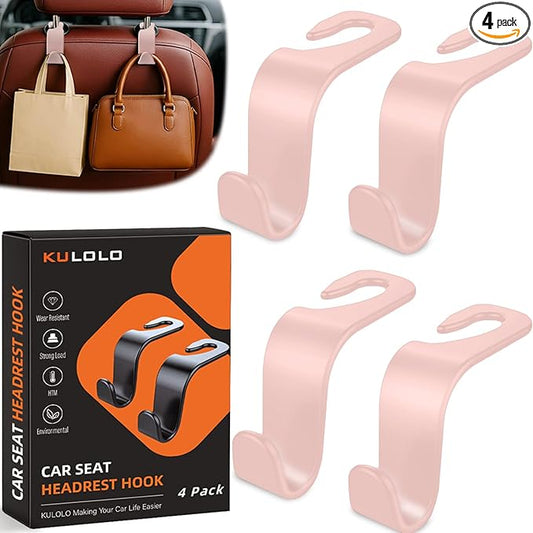 Car Seat Hooks & Purse Holder - 4 Pack Boxed,55 lb Heavy Duty,Eco PP Car Hooks for Purse/Bag/Baby Gear/Gym Bag/Groceries/Cup/,Fits 0.32-0.55”Car Headrest Rods (Pink)