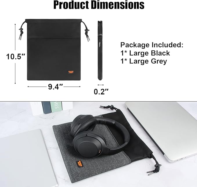 Headphone Storage Bag, 2 Pack Lightweight Headphone Carrying Pouches Headset Case Bag Travel Pouch for Headsets Overhead Headphones Neckband Earbuds (Large Black, Large Grey)
