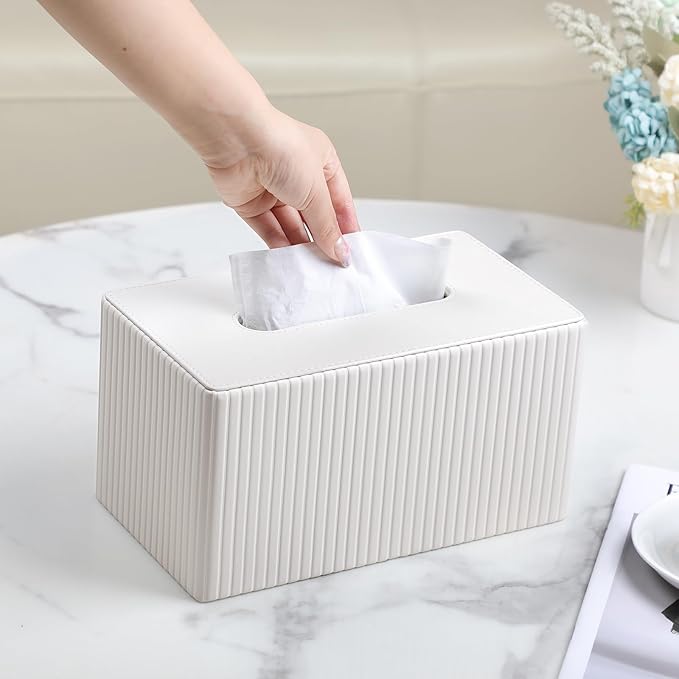 Extra Large Tissue Box Cover for Standard Size 180 to 230 Count Box of Tissues, PU Leather Rectangle Tissue Holder with Magnetic Closure (Ivory)