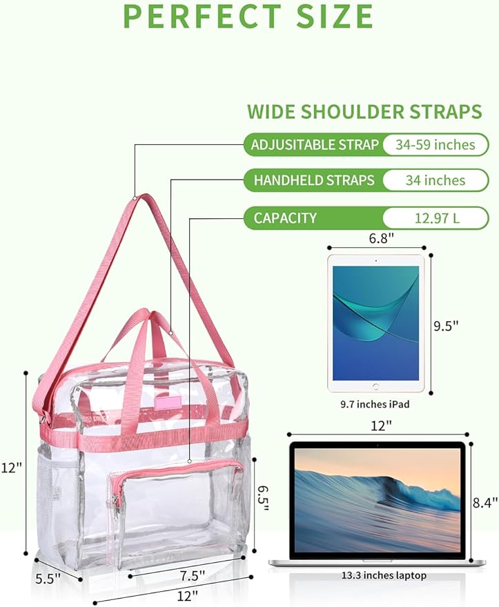 Bagenius Clear Tote Bag Stadium Approved, Game Day Satchel Bag with ‌Non-detachable Reinforced Strap for Concert, Work, Sport