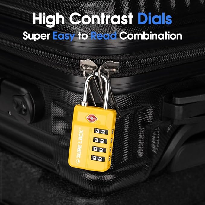 SURE LOCK TSA Approved 4-Digit Resettable Combination Luggage Lock with Open Alert, Easy-Read Dials - for Luggage, School Lockers, Gym, Office, Toolbox & Security Cases(Yellow 1PACK)