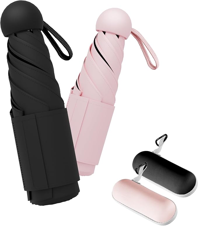 Travel Mini Umbrella Compact Small & Lightweight, UV Rain Protection, Pocket-Sized Folding Umbrellas with Quickdraw & Case for Men Women & Kids Backpack