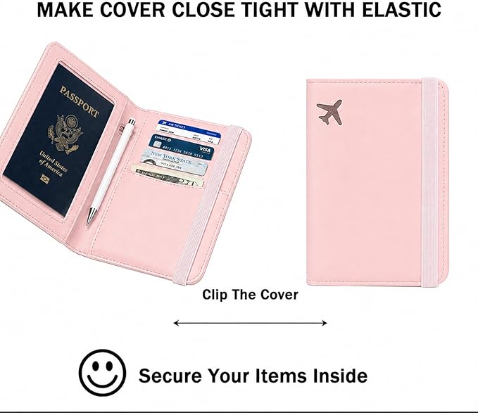 ZOPPEN RFID Blocking Passport Holder for Travel – PU Leather Waterproof Lightweight Passport Cover Wallet for Women Men, Travel Organizer with Card Slots for Airline Tickets & Passport Book, Pink