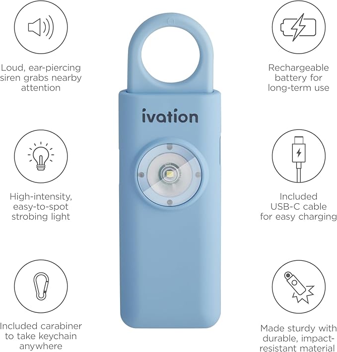 Ivation Personal Rechargeable SOS Alarm, Pocket Size Loud 130dB Sound Safety Siren & LED Panic Strobe Light with Carabiner Keychain Clip for Women, Children & Seniors, Blue