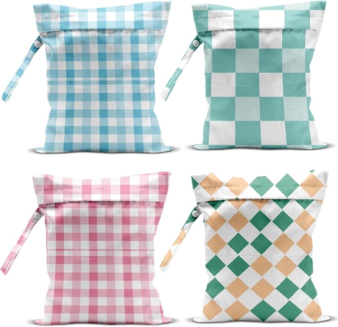 Wet Bag, 4Pcs Wet Dry Bag Set, Reusable Waterproof Bags with Fresh Plaid Patterns for Women, Suitable for Beach Trips, Pool Activities & Daily Organizing