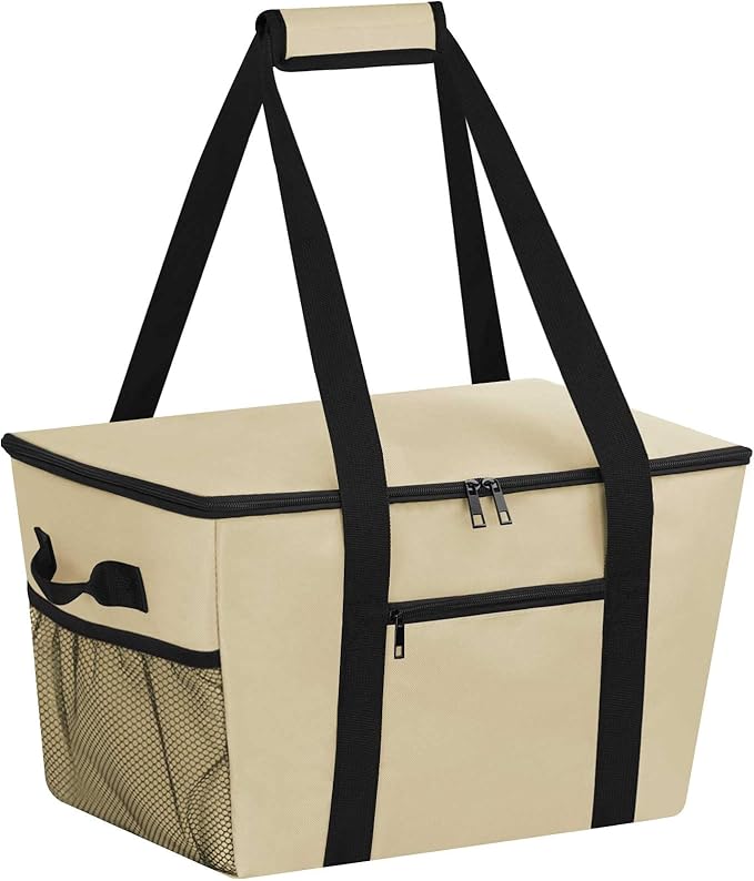 Reusable Grocery Bag – Expandable Insulated Cooler Bag with Bottom Board, Collapsible Insulated Shopping Bag with Zipper & Drawstring, Heavy Duty Tote Bag for Shopping, Delivery, Picnic, Beach