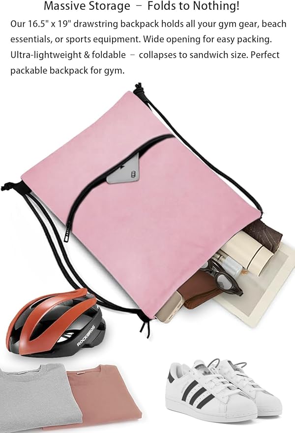Water-Resistant String Bag for Women Men with Shoes Compartment and Zippered Pocket for Soccer, Basketball, Swim (Pink, 16.5 * 19 inches)