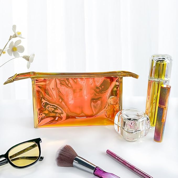 Green Transparent Laser Cosmetic Bag Iridescent Holographic Waterproof PVC Makeup Organizer Bag for Women (Pink+White)