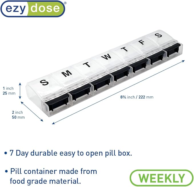 EZY DOSE Weekly (7-Day) AM/PM Daily Pill Organizer, Vitamin Case, and Medicine Container, X-Large Compartments, Arthritis Friendly, Convenient with Effortless Portability, Clear/Black Lids, BPA Free