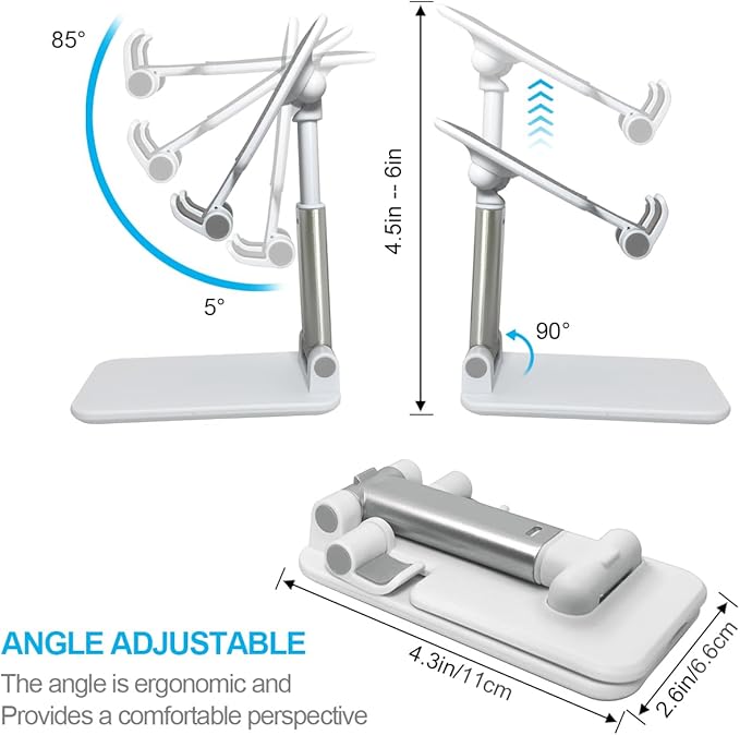 POQOD Foldable Cell Phone Stand for Desk, Fully Adjustable Phone Holder for Desk Compatible with iPhone 16 15 14 13 12 11, Nintendo Switch, All Phones, (White)