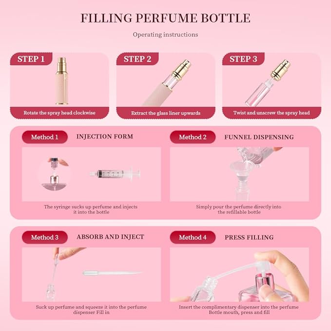 Atomizer Perfume Spray Bottle Refillable - 5ml Glass Inner Bottle with Premium Leather Case, Portable Travel Sprayer for Fragrance Lovers (Flash-Gold-Pink)